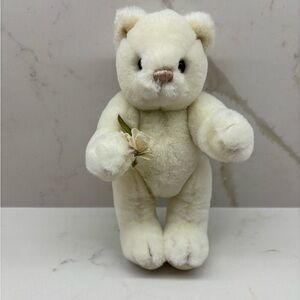 Vintage Collectors Classics Gund White Jointed Teddy Bear With Rose Gunderbear
